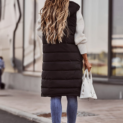 Damska Długa Kamizelka Pikowana - Z Kapturem, Zapinana na Guziki