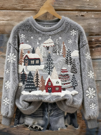 Miękki i Wygodny Sweter z Haftem Zimowej Sceny Bożonarodzeniowej dla Kobiet