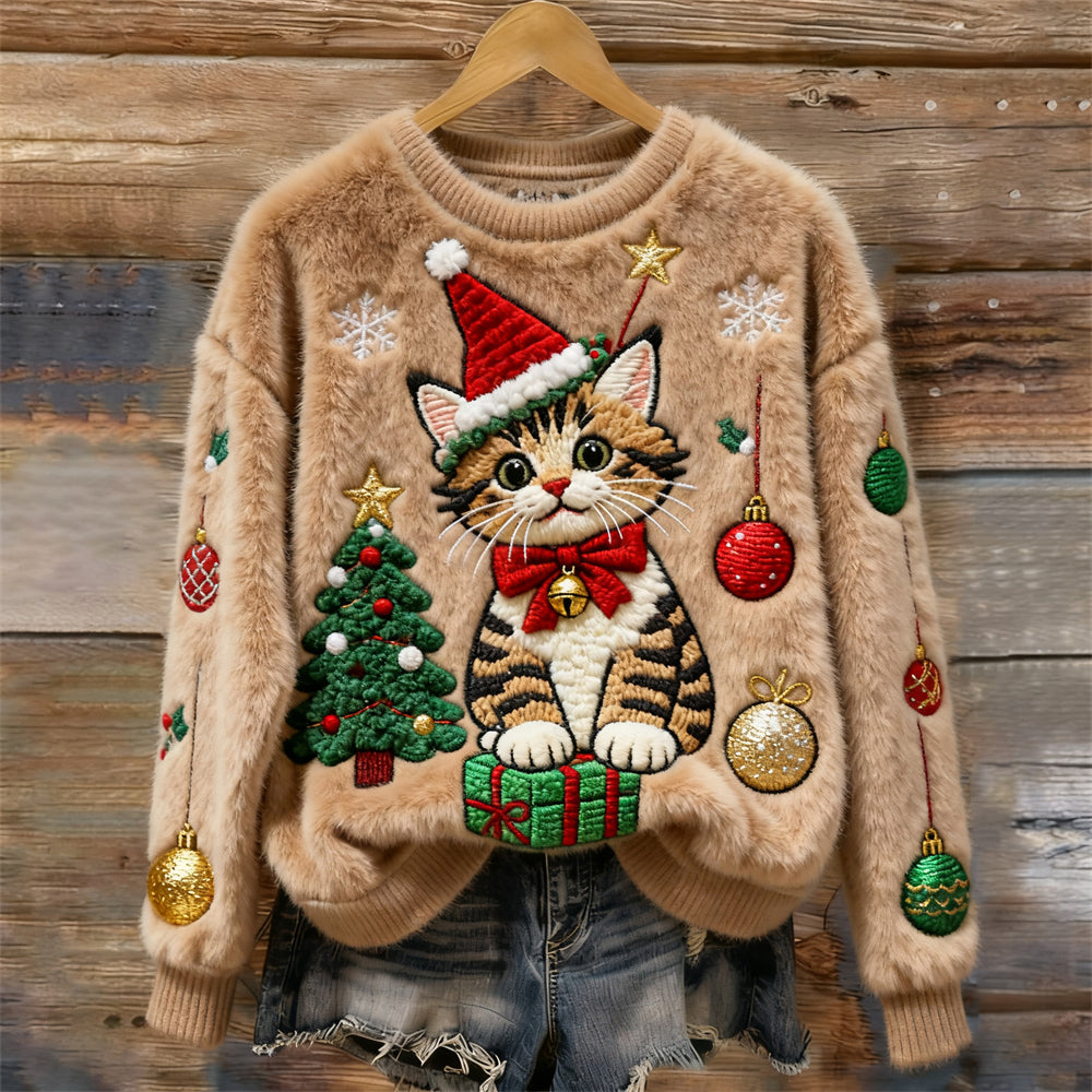 Miękki sweter z haftem choinki i kota dla kobiet