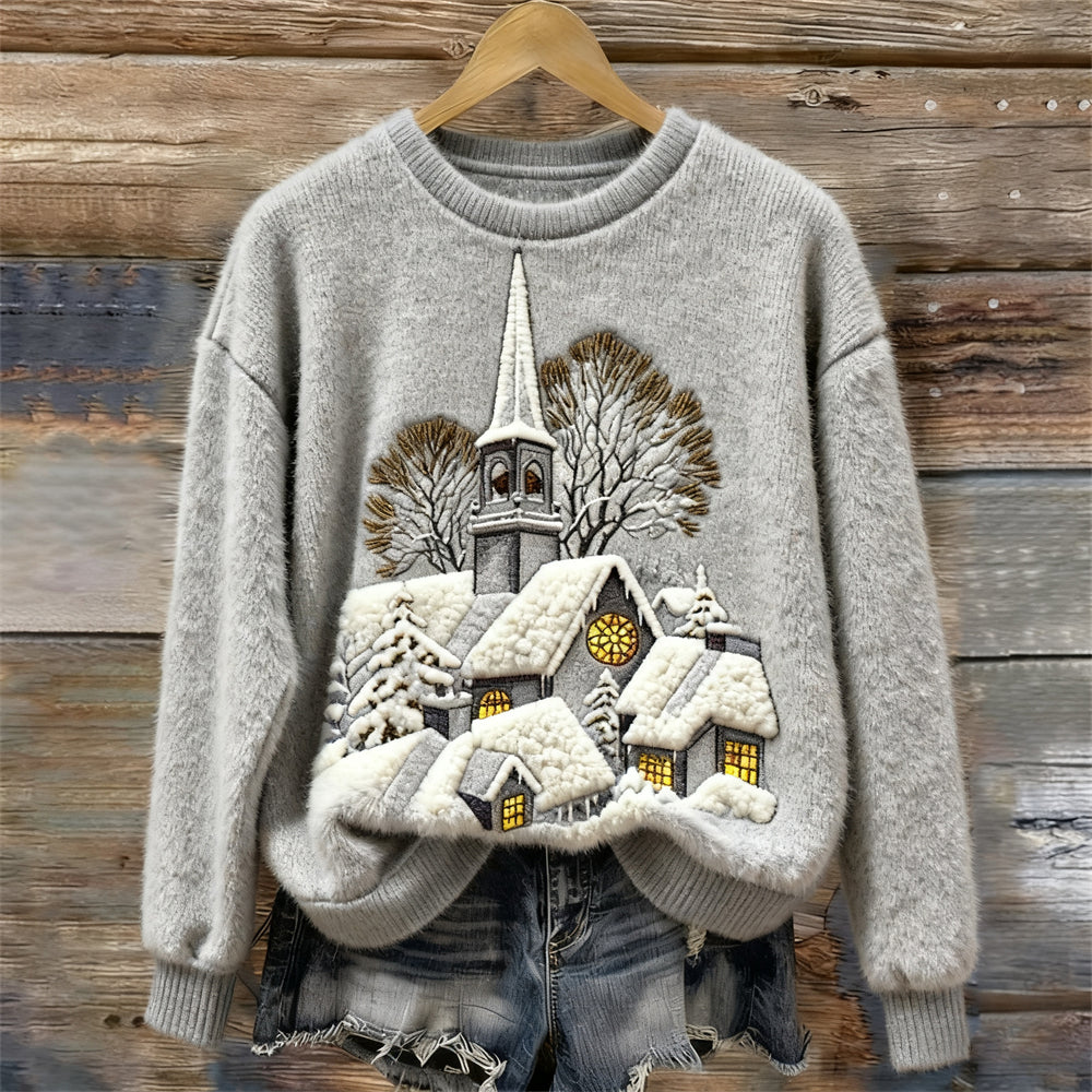 Damski Sweter Fleece z Haftem Sceny Świątecznej i Domu