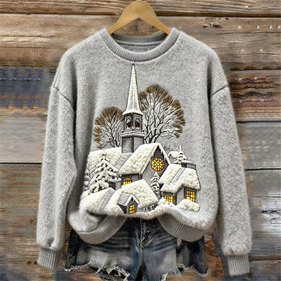 Damski Sweter Fleece z Haftem Sceny Świątecznej i Domu
