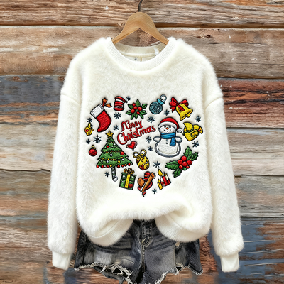 Damska flanelowa bluza z okrągłym dekoltem na zimowe święta