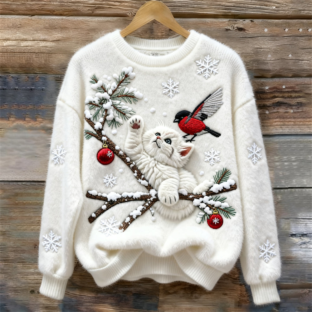 Przytulny sweter z haftem świątecznym, kotem i ptakiem dla kobiet
