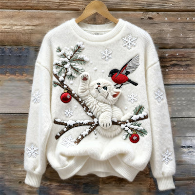Przytulny sweter z haftem świątecznym, kotem i ptakiem dla kobiet