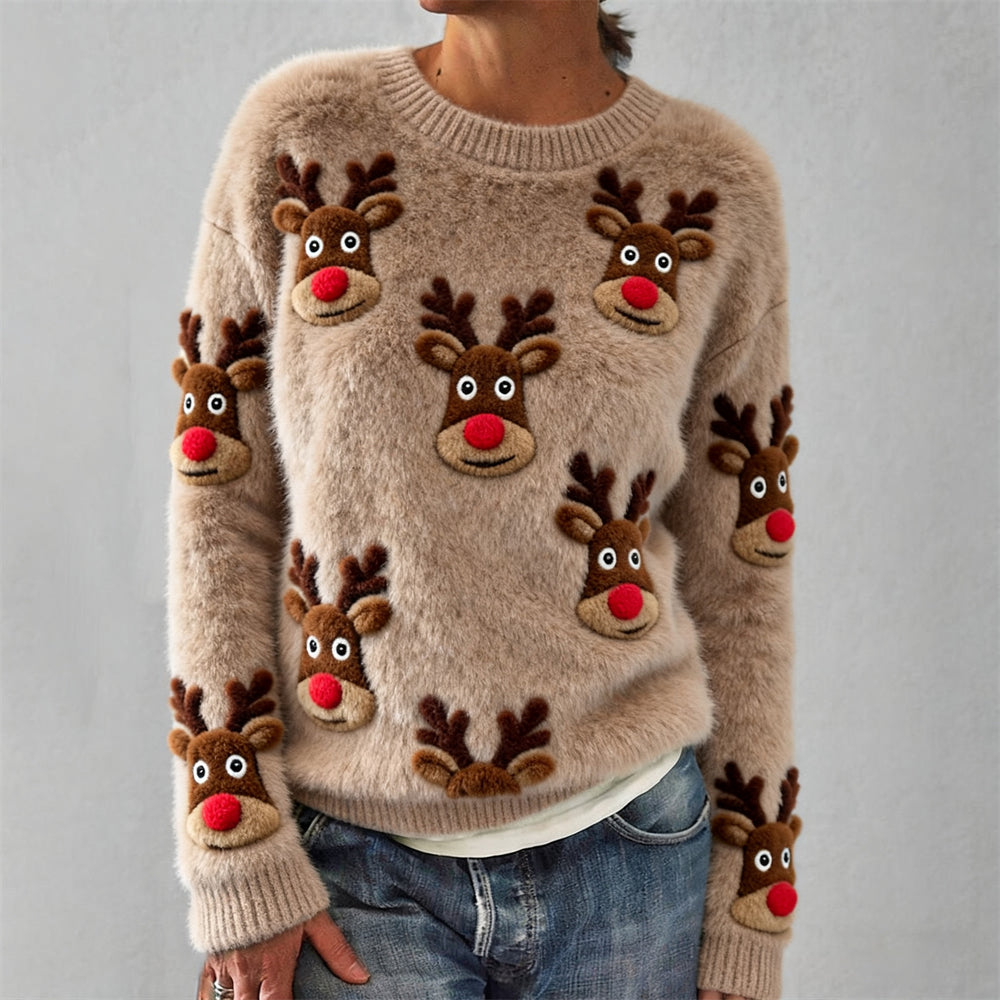 Sweter Damski z Dzianiny z Motywem Renifera na Święta