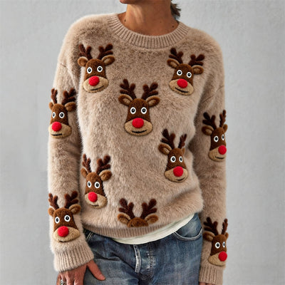 Sweter Damski z Dzianiny z Motywem Renifera na Święta