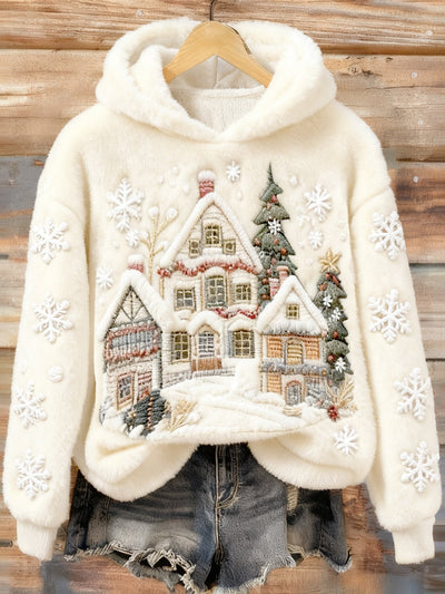 Bluza z kapturem z haftem w flaneli z świąteczną sceną śnieżną dla kobiet