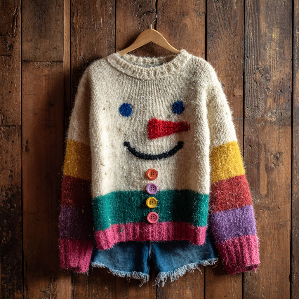 Przytulny Sweter Tematyczny z Bałwankiem z Kontrastowym Wzorem