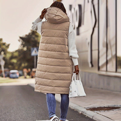 Damska Długa Kamizelka Pikowana - Z Kapturem, Zapinana na Guziki