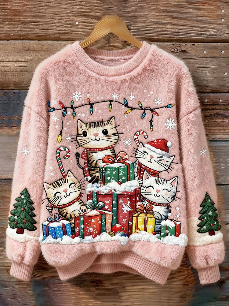 Futrzana Bluza z Haftem z Kotem na Święta dla Kobiet