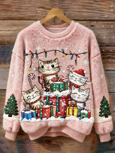 Futrzana Bluza z Haftem z Kotem na Święta dla Kobiet