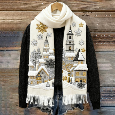 Damski szalik dziany z haftem świątecznym