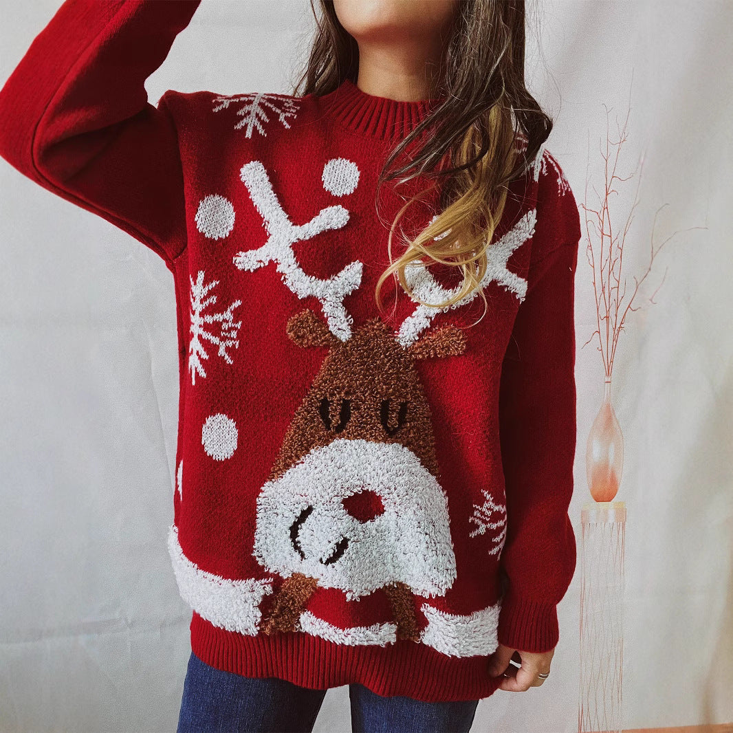 Damski Czerwony Dziany Sweter Świąteczny - Wzór Renifer