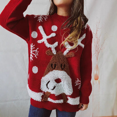Damski Czerwony Dziany Sweter Świąteczny - Wzór Renifer