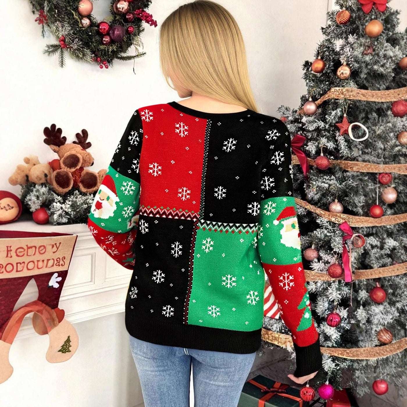 Damski Wielokolorowy Dziany Sweter Świąteczny - Patchwork i Wzór Bałwan/Choinka