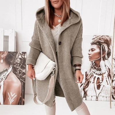 Damski Kardigan Dzianinowy z Kapturem - Wszechstronny Długi Casualowy Prążkowany