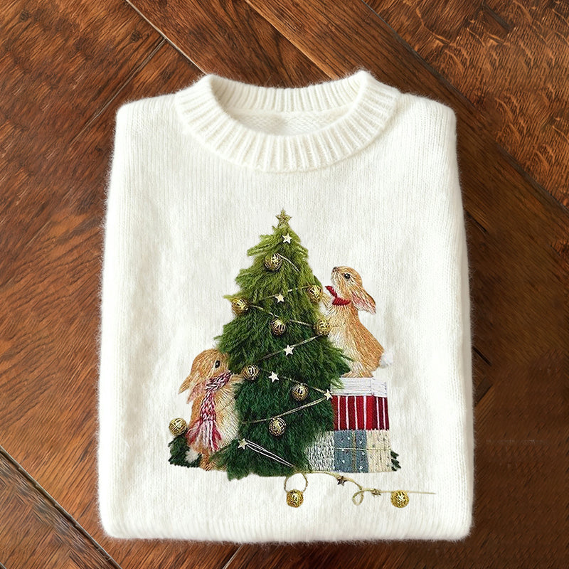 Ciepły Sweter z Haftem Królika i Choinki dla Kobiet