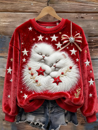 Miękka i Wygodna Bluza z Wyszywanymi Kotami i Gwiazdkami Świątecznymi