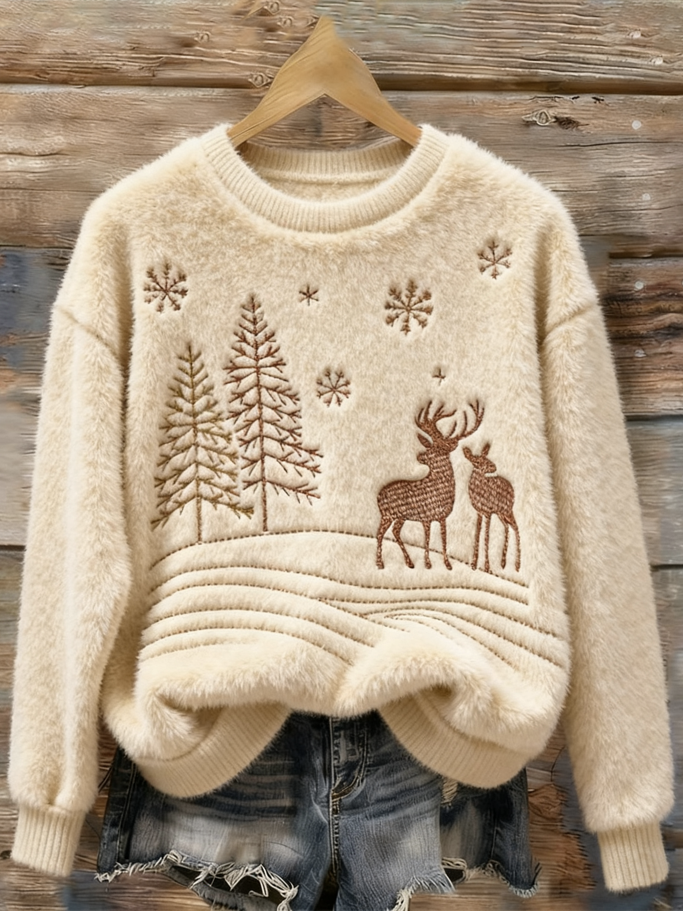 Miękki Sweter dla Kobiet z Haftem Renifera na Święta
