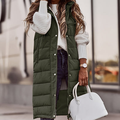 Damska Długa Kamizelka Pikowana - Z Kapturem, Zapinana na Guziki