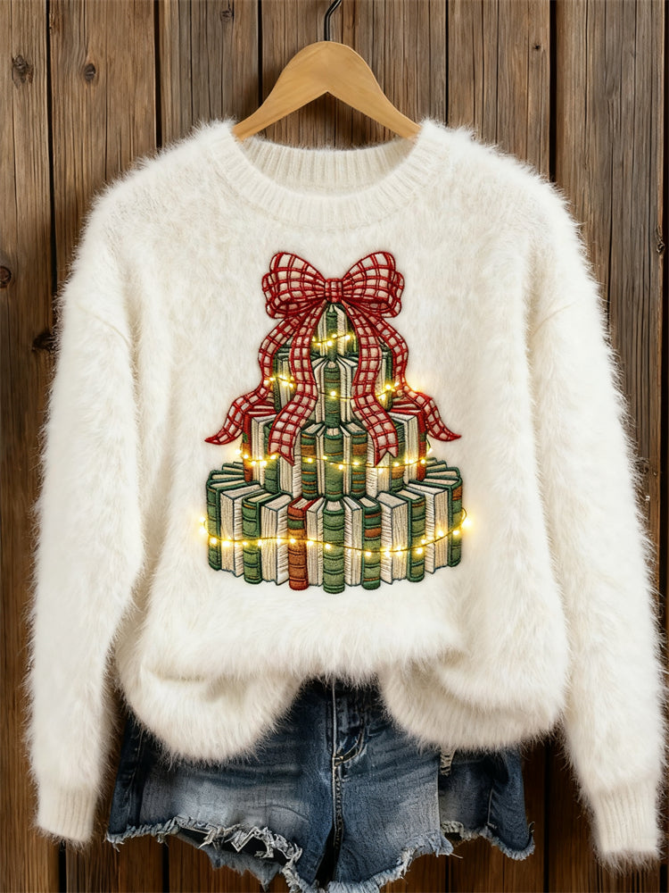 Sweter Haftowany dla Miłośników Książek - Wzór Choinki