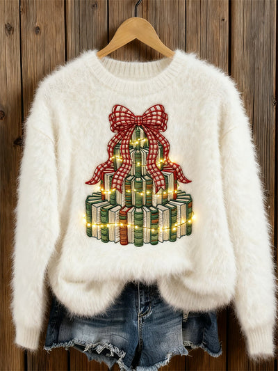 Sweter Haftowany dla Miłośników Książek - Wzór Choinki