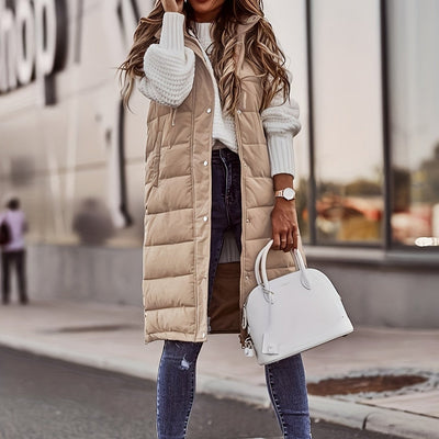 Damska Długa Kamizelka Pikowana - Z Kapturem, Zapinana na Guziki